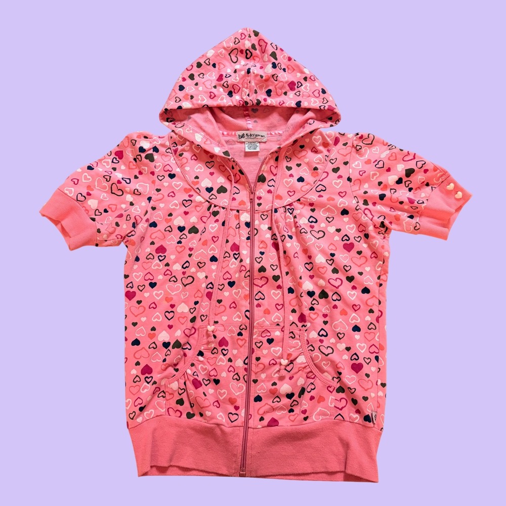 Y2K Self Esteem Pink Heart Print Short Sleeve Zip Up Hoodie Scene #17